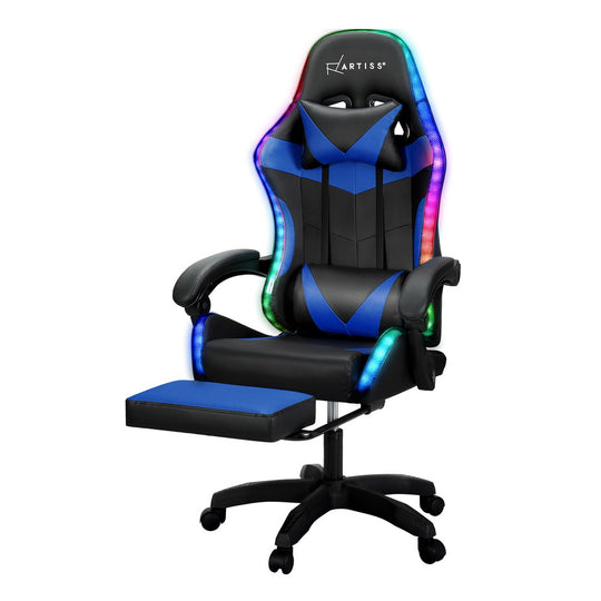 Artiss 6 Point Massage Gaming Office Chair 7 Led Footrest Blue