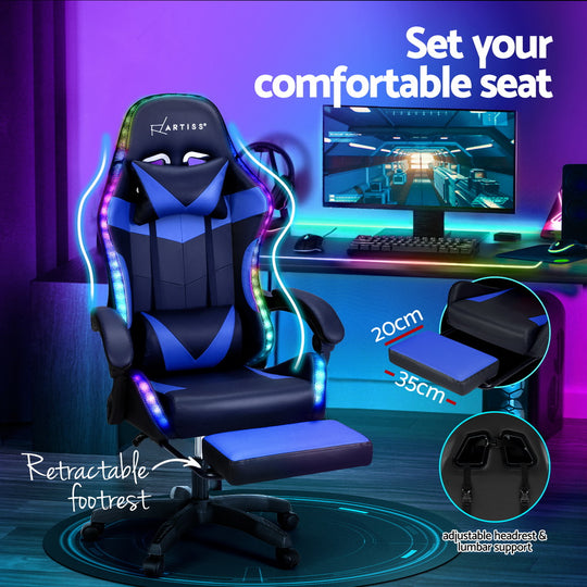 Artiss 6 Point Massage Gaming Office Chair 7 Led Footrest Blue