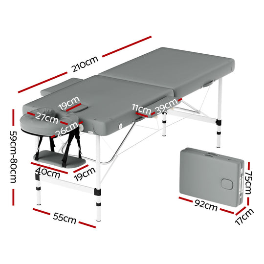 Zenses Massage Table 55cm Portable 2 Fold Aluminium Beauty Bed Grey