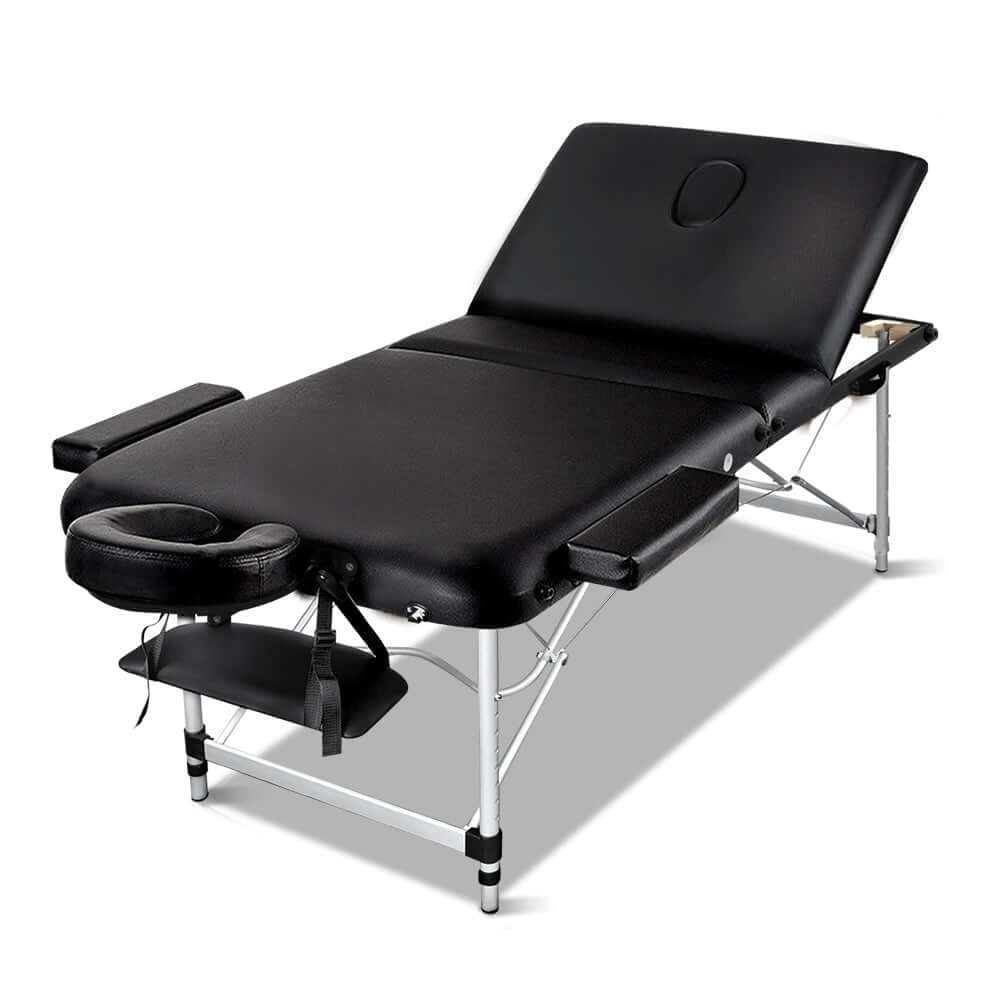 Affordable 70cm portable massage table with removable face cradle and armrests in black.