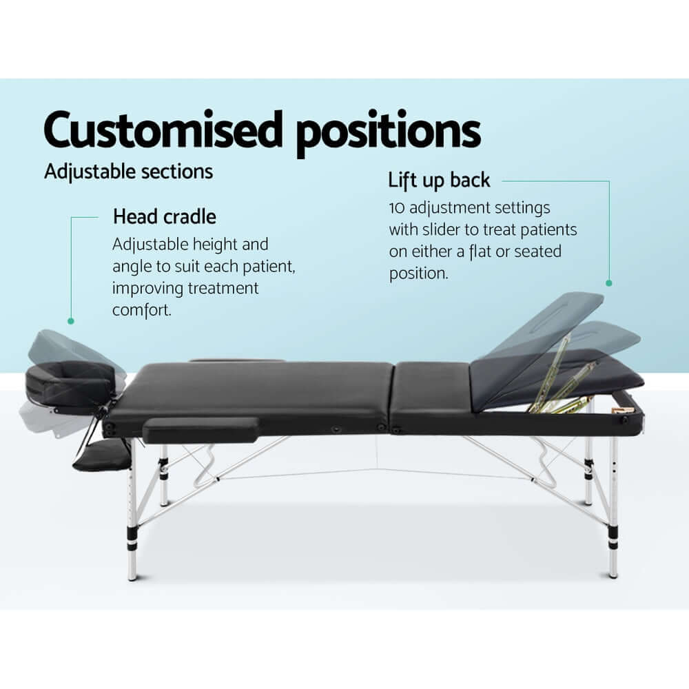 Adjustable Zenses massage table with custom positions for head cradle and back lift, enhancing treatment comfort and versatility.