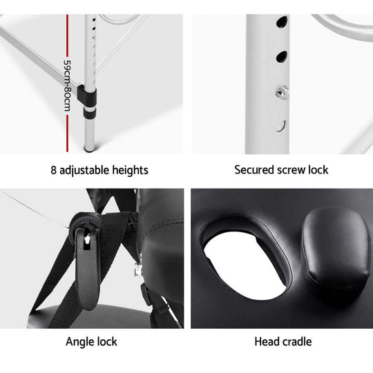 Adjustable features of the Zenses Massage Table including height settings, screw lock, angle lock, and head cradle.