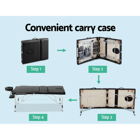 Illustration showing the assembly steps of a portable massage table in a convenient carry case.