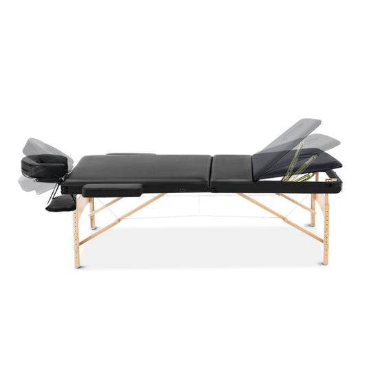 Zenses Massage Table 70cm Portable 3 Fold Wooden Beauty Bed Black