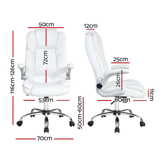 Artiss Executive Office Chair Leather Tilt White dimensions and features, showcasing ergonomic design and comfort.