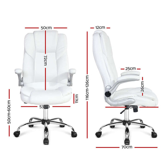 Artiss Executive Office Chair dimensions and features, showcasing white leather design and ergonomic support for comfort.