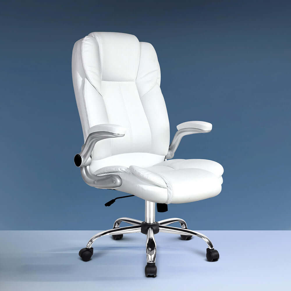 Artiss Executive Office Chair in white leather with high back and chrome wheels, offering affordable luxury and quality support.