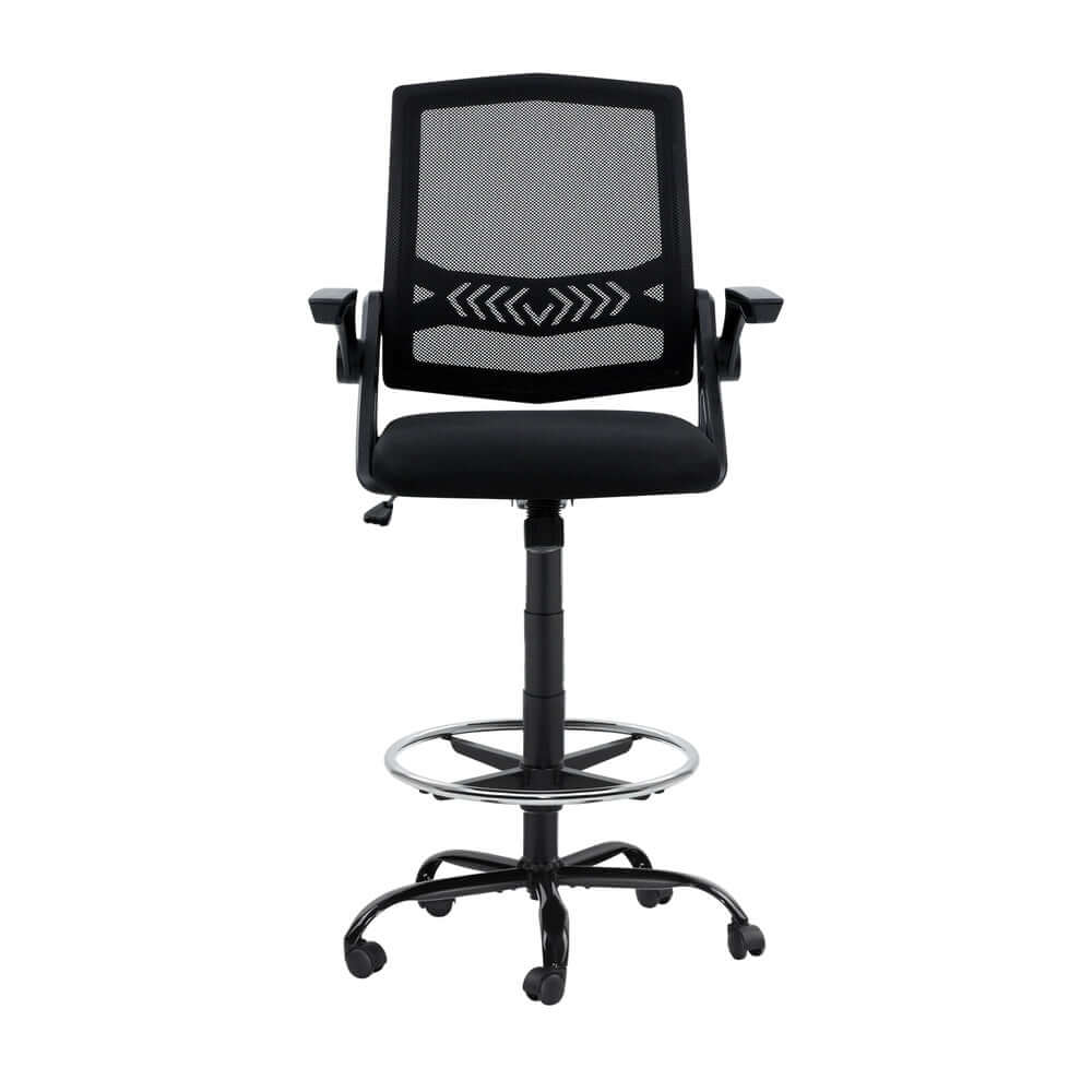 Artiss black drafting stool featuring breathable mesh backrest, thick padded seat, and adjustable height for comfort and style.