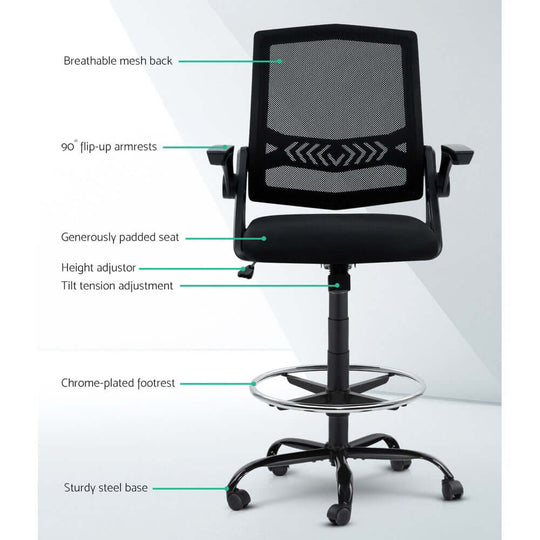 Artiss office chair drafting stool with breathable mesh back, padded seat, adjustable height, and sturdy steel base in black.