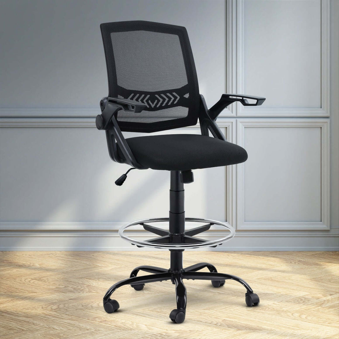 Stylish black drafting stool with mesh backrest and padded seat, perfect for affordable DIY projects and quality office use.