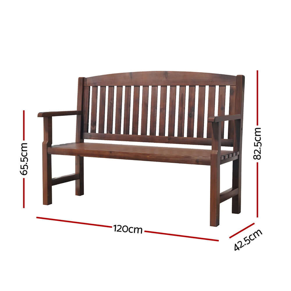 Gardeon outdoor wooden 2 seater bench with dimensions 120cm x 65.5cm x 82.5cm, perfect for patio and garden decor.