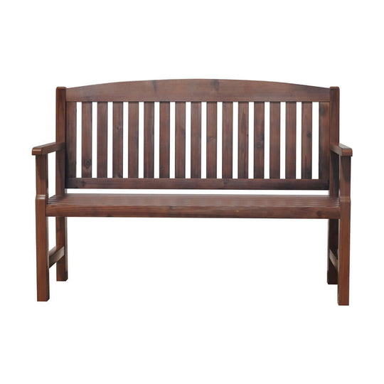 Gardeon outdoor wooden garden bench 2 seater, affordable patio furniture in brown.