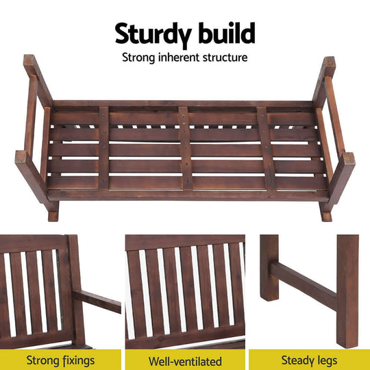 Gardeon wooden garden bench showing strong fixings, well-ventilated design, and steady legs for durable outdoor use.