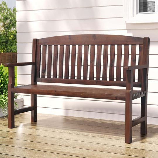 Gardeon affordable wooden 2-seater garden bench, quality patio furniture in brown, perfect for outdoor lounging.