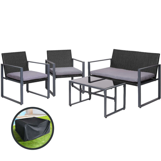 Gardeon 4 PCS Outdoor Rattan Sofa Set with Storage Cover, stylish and affordable for patio or deck.