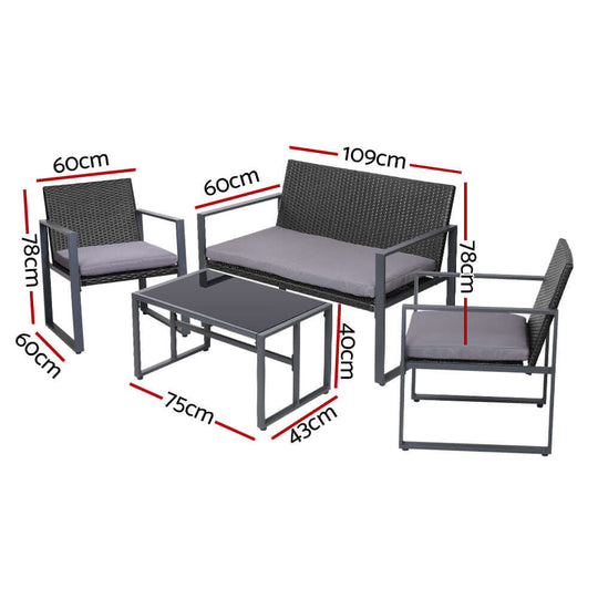 Gardeon 4 PCS Rattan Outdoor Sofa Set dimensions with storage cover, affordable, quality, stylish for patio or living room.