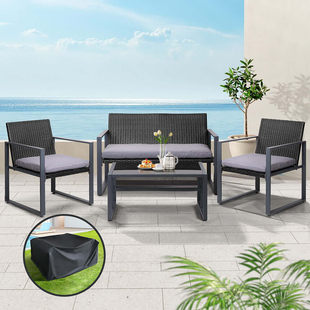 Gardeon 4 PCS outdoor rattan sofa set with storage cover, perfect for affordable and stylish patio decor.