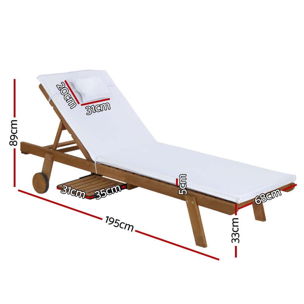 Gardeon wooden sun lounge outdoor furniture with dimensions, white cushion, ideal for patio relaxation and sunbathing.