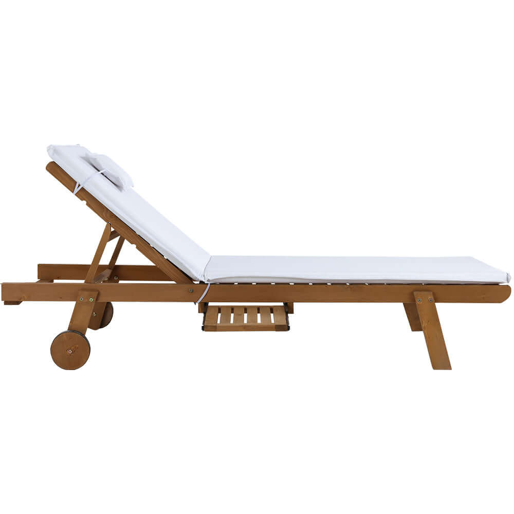 Gardeon wooden sun lounger with white cushion; affordable outdoor furniture for relaxing in the sun.