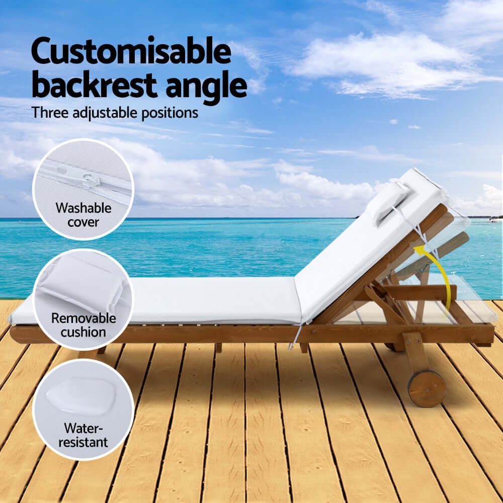 Gardeon wooden sun lounge with adjustable backrest, washable cover, removable cushion, and water-resistant design for outdoor relaxation.