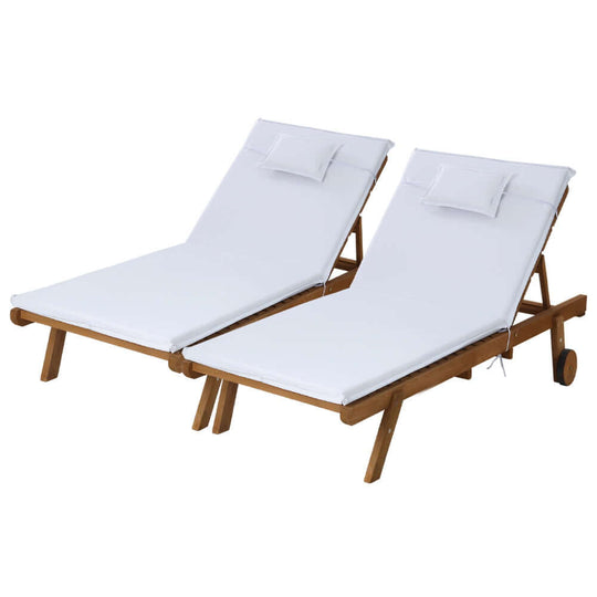 Gardeon 2x sun lounge wooden loungers with white cushions, perfect for outdoor relaxation and affordable luxury.