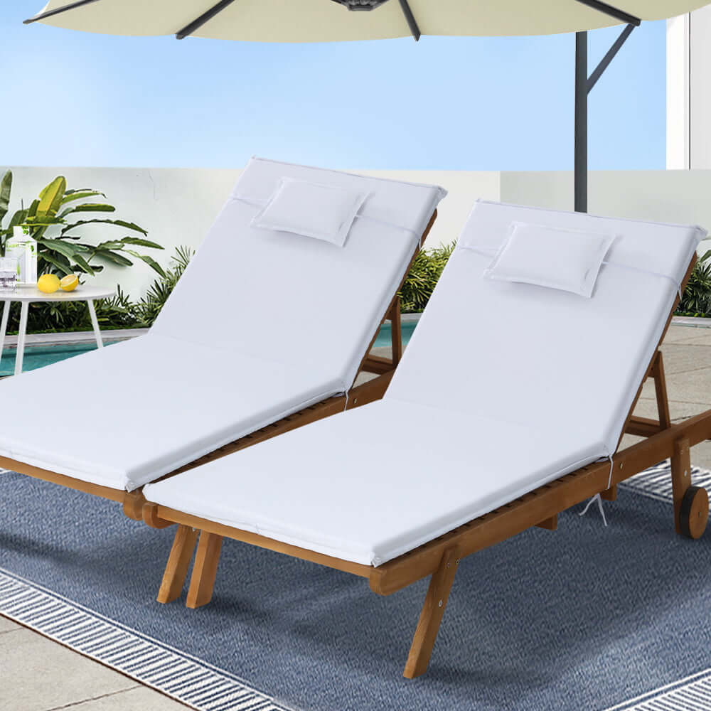 Gardeon 2x Sun Lounge wooden loungers in white, ideal for outdoor relaxation and sunbathing by the pool.