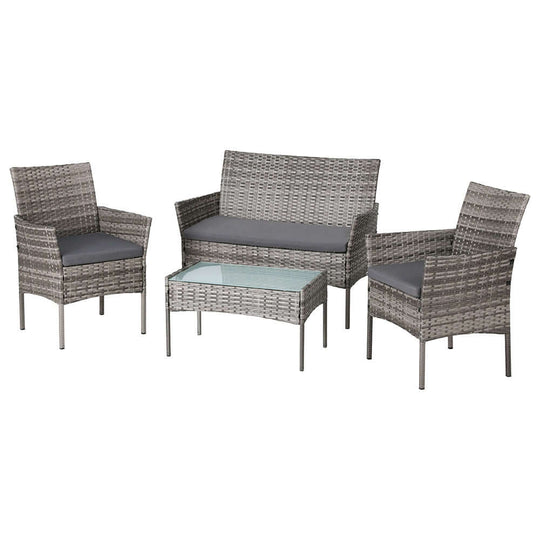 Gardeon 4 seater outdoor sofa set, wicker furniture in grey with cushion and tempered glass table.