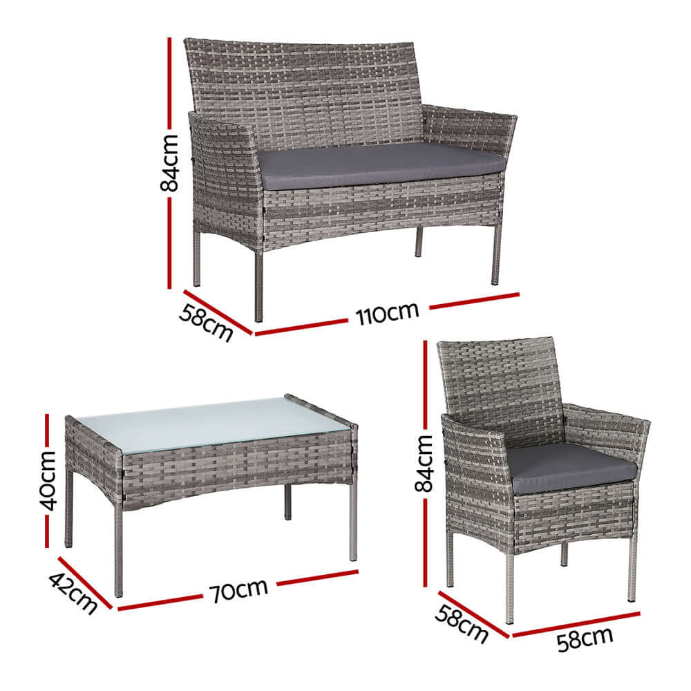 Gardeon 4-seater grey outdoor wicker sofa set with table and chair dimensions, durable and stylish design.