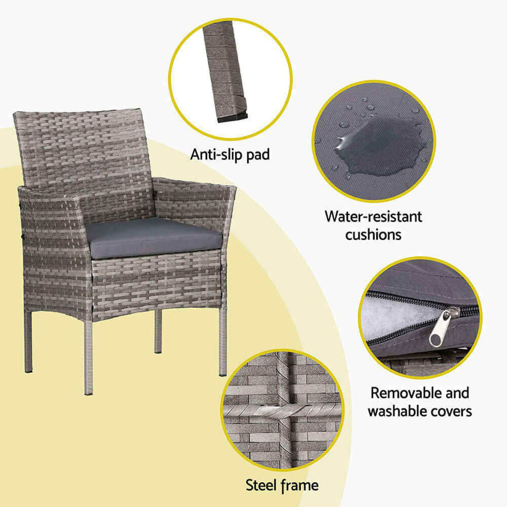 Gardeon outdoor chair features anti-slip pad, water-resistant cushions, removable covers, and durable steel frame.