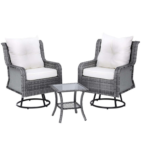 Gardeon 3PC outdoor wicker swivel chair set with grey cushions and side table, perfect for affordable luxury and DIY relaxation.