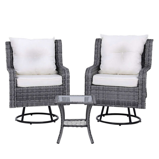 Gardeon 3PC outdoor bistro set with swivel chairs and table in grey, perfect for affordable lounging and DIY outdoor spaces.