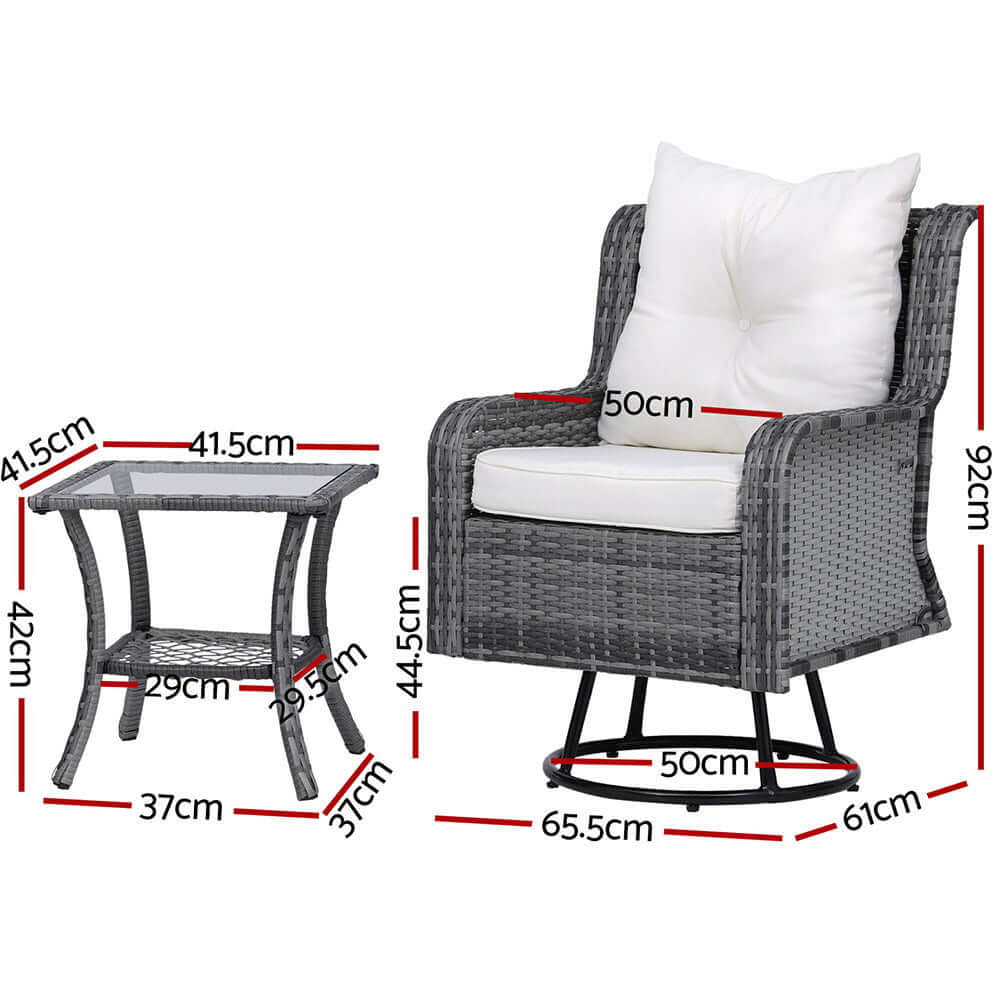 Gardeon 3PC outdoor furniture set with swivel chairs and side table, featuring grey wicker design and cushions.