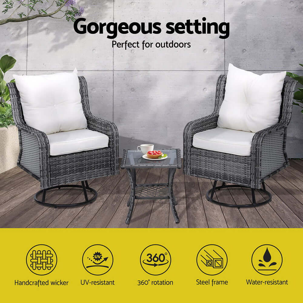 Gardeon 3PC outdoor bistro set with swivel chairs and side table, perfect for comfortable and affordable outdoor relaxation.