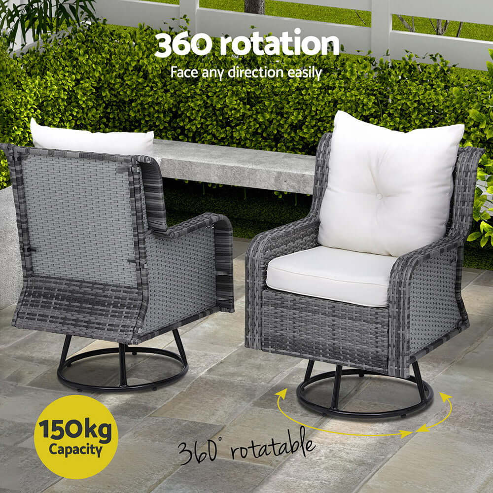 Gardeon outdoor swivel chairs with 360-degree rotation and 150kg capacity, perfect for affordable and quality outdoor lounging.