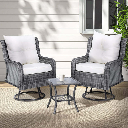 Gardeon affordable grey wicker swivel chairs and side table for outdoor relaxation, perfect for DIY home decor.