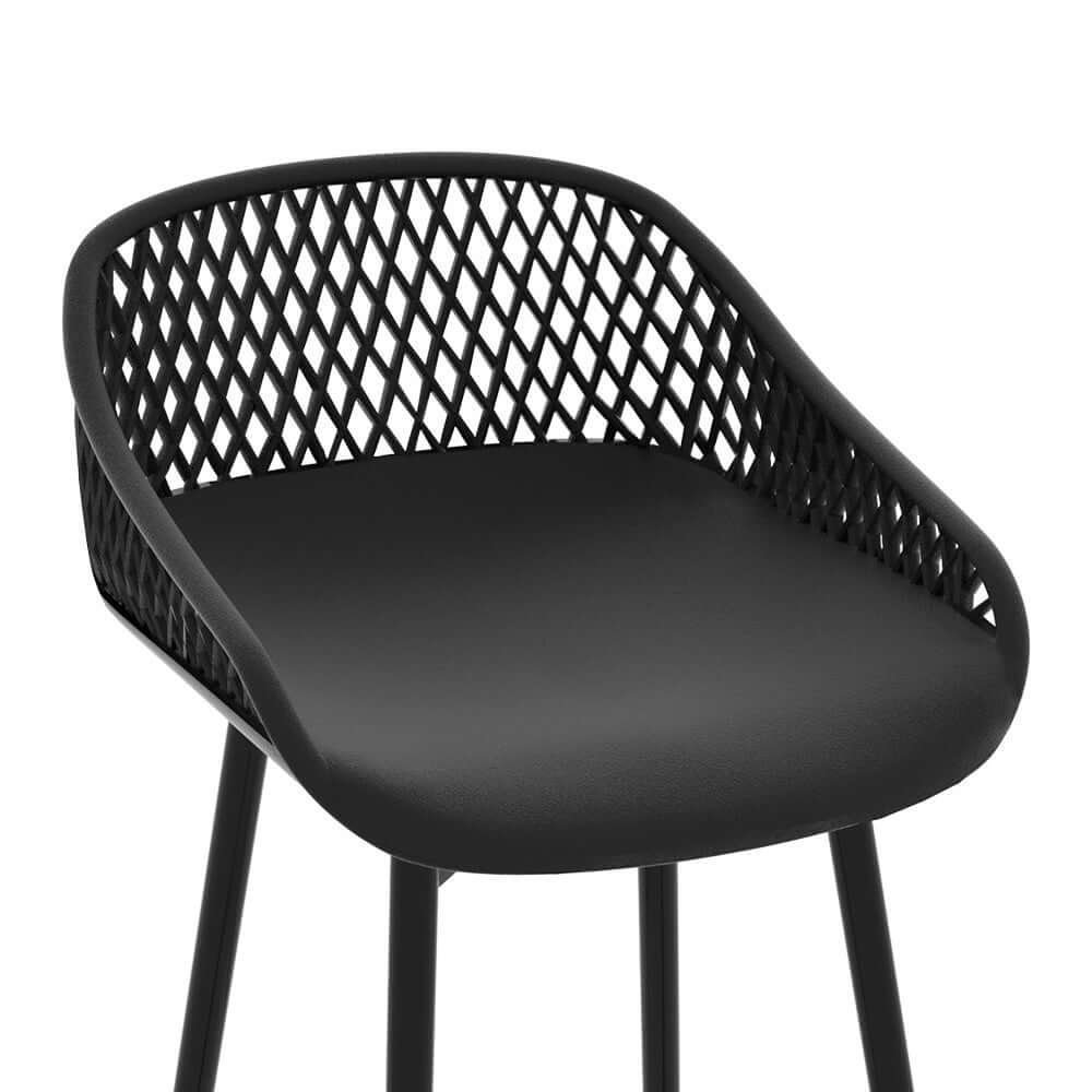 Gardeon outdoor bar stool with black polypropylene seat and diamond-patterned backrest for stylish and comfortable dining.