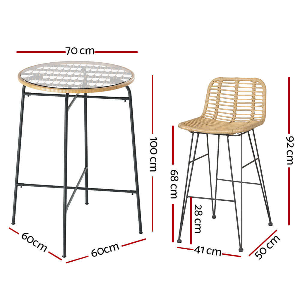 Gardeon 3-piece outdoor bar set dimensions showing wicker table and chair measurements, perfect for DIY patio setups.