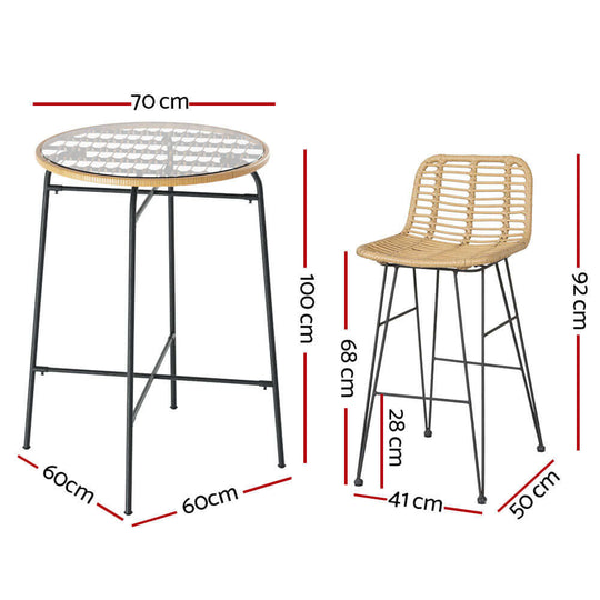 Gardeon 3-piece outdoor bar set dimensions showing wicker table and chair measurements, perfect for DIY patio setups.