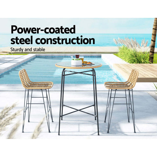 Gardeon outdoor bar set featuring power-coated steel construction, stylish wicker chairs, and a sturdy table by the pool.