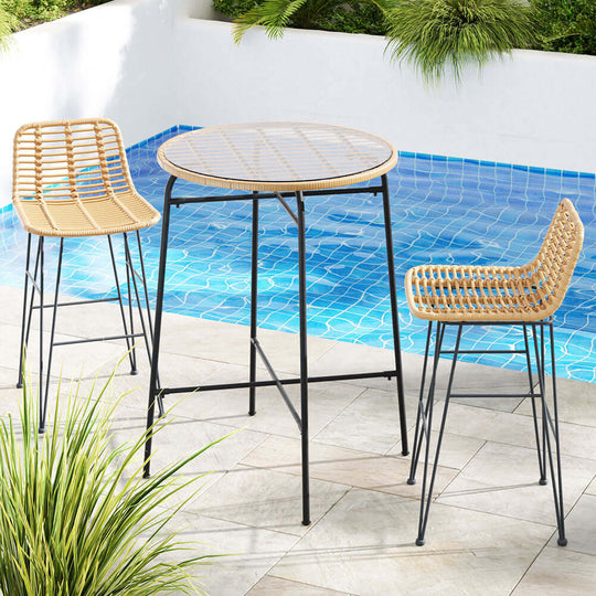 Gardeon 3-piece outdoor bar set with wicker chairs and table by a pool, perfect for affordable summer gatherings.