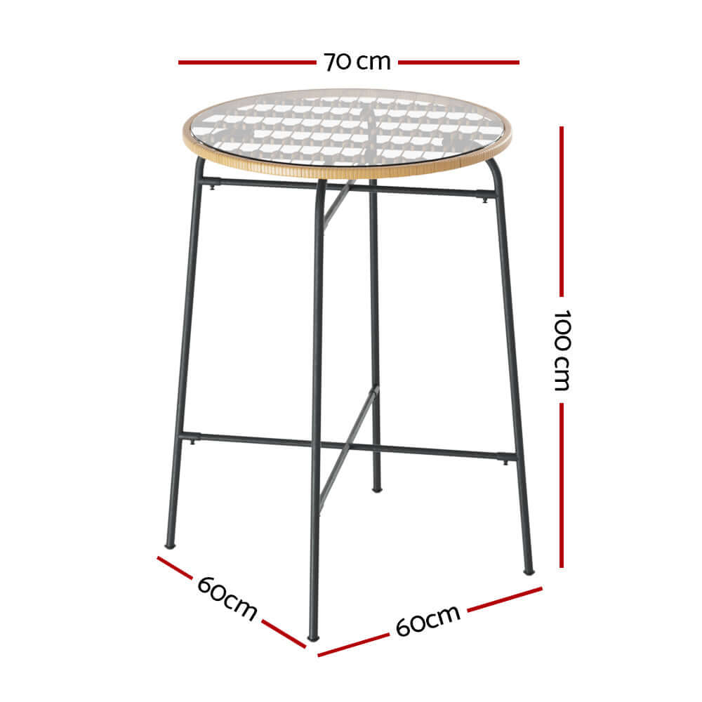 Gardeon Outdoor Bar Table dimensions: 70 cm round glass top, 100 cm height, sturdy steel frame, suitable for patio or balcony.