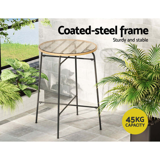 Gardeon outdoor bar table with coated-steel frame and glass top, stable design supports 45kg, ideal for patio or balcony.