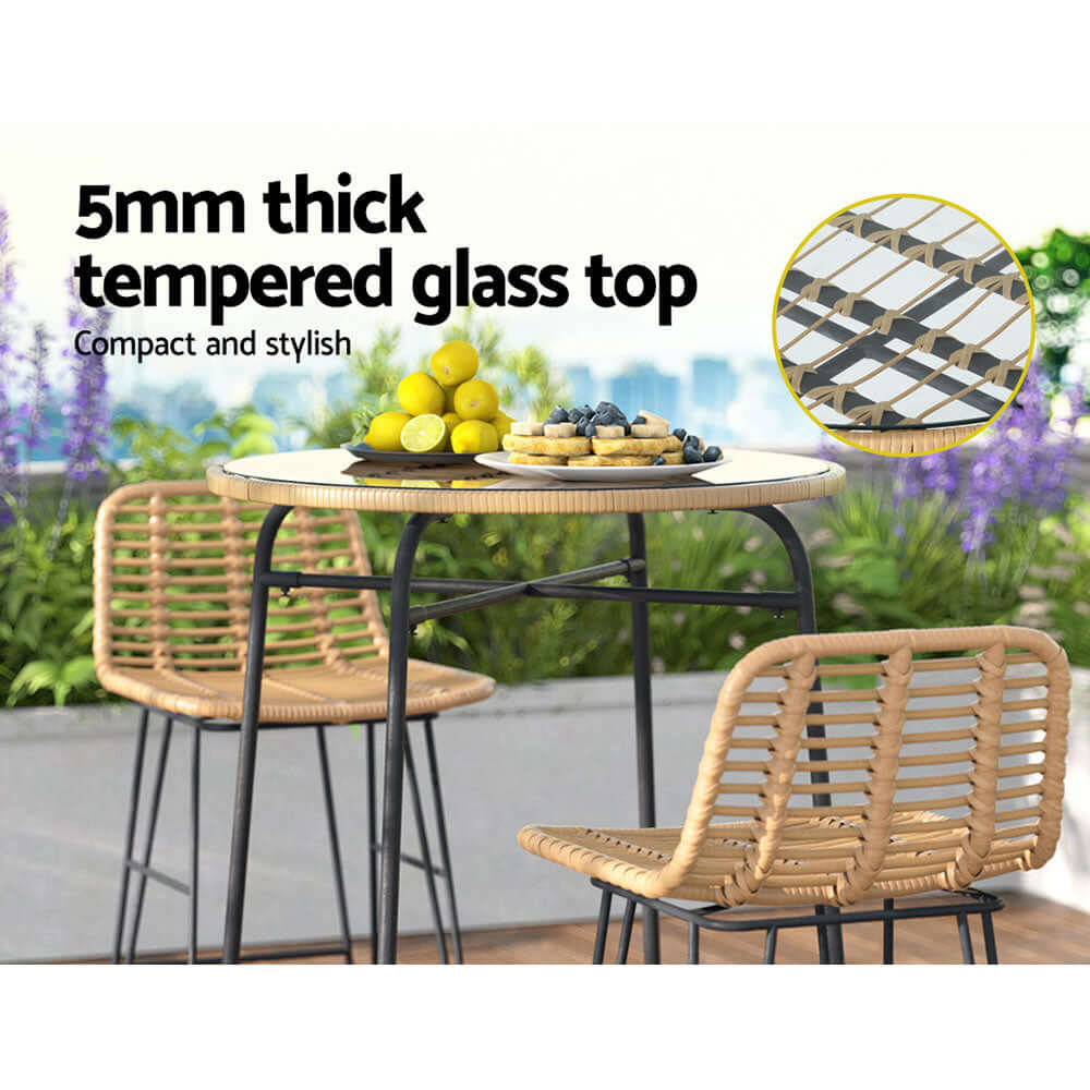 Gardeon outdoor bar table featuring a compact design with 5mm thick tempered glass top and stylish wicker edges.