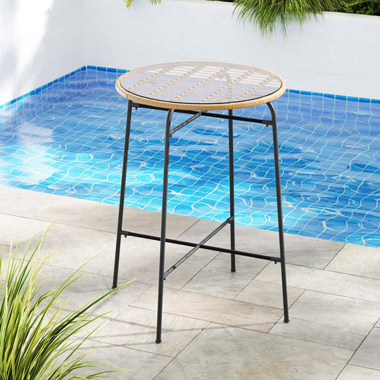 Gardeon affordable outdoor bar table with wicker top and steel frame by a poolside, perfect for stylish outdoor dining.