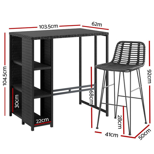 Gardeon outdoor bar set featuring table and stool dimensions, showcasing affordable quality patio furniture in black wicker.