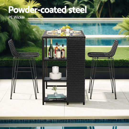 Gardeon Outdoor Bar Set with powder-coated steel and PE wicker, featuring stylish table and high chairs by the pool.