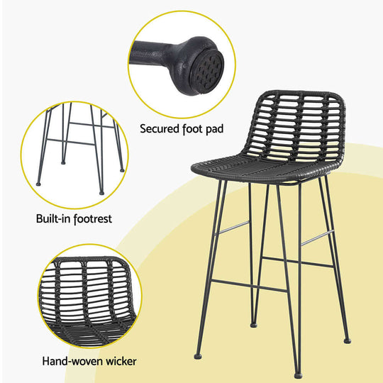 Gardeon outdoor bar chair with built-in footrest, secured foot pad, and hand-woven wicker for stylish patio comfort.