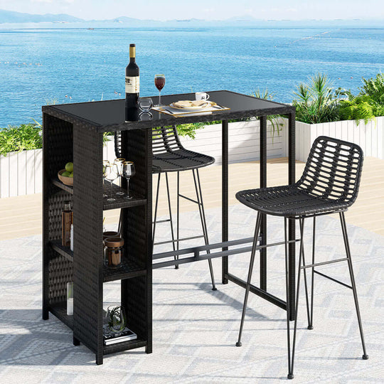 Gardeon Outdoor Bar Set with wicker chairs and a table against a scenic outdoor backdrop, perfect for stylish patios.