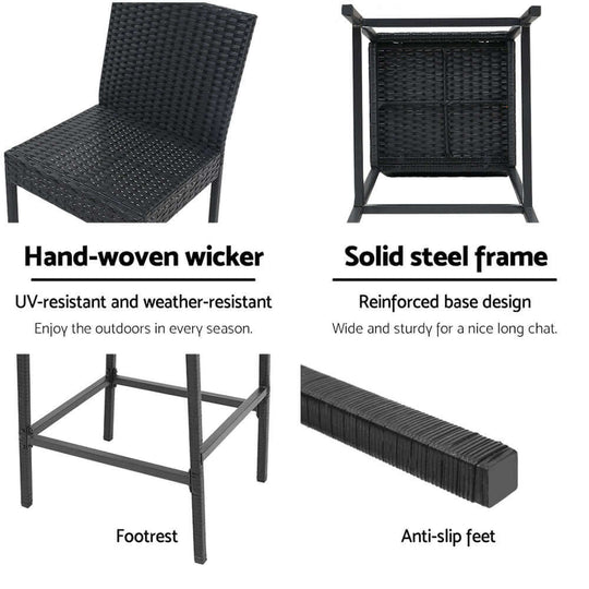 Gardeon outdoor bar stool features hand-woven wicker and solid steel frame, UV-resistant and weather-resistant design.