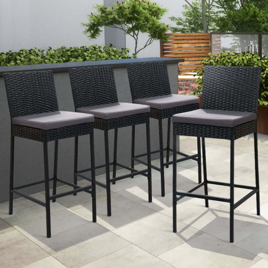 Gardeon 4-piece outdoor bar stools with durable rattan furniture, perfect for stylish and affordable patio dining.